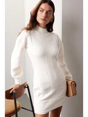 Area Stars White Open Back Knit Long Sleeve Mock Neck Sweater Mini Dress Size M